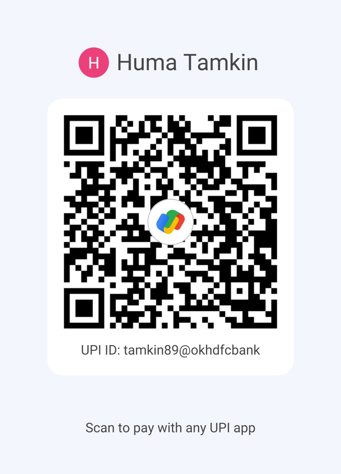 Scan this UPI QR code to pay the ₹398 consultation fee to Huma Tamkin